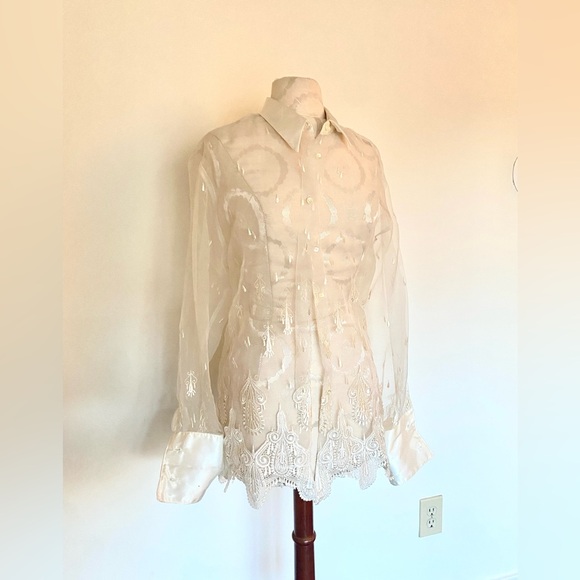 Vintage 1970’s indie gorgeous see-through transparent embroidered collared top - Picture 1 of 6